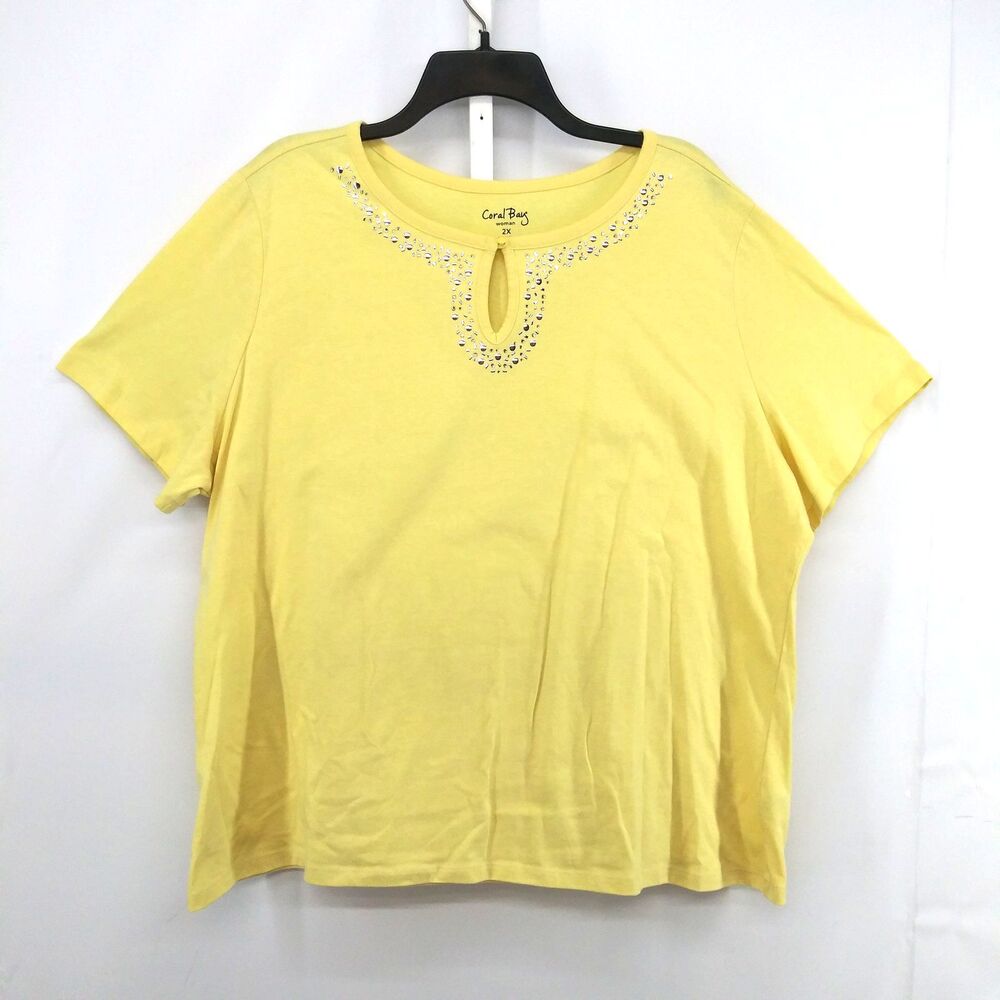 Coral Bay Shirt Women Size 2X Yellow Short Sleeve Keyhole Neck Embellished Top